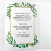 Grün Blätter Gold Rahmen in einer Hochzeit Dreifach Gefaltete Einladung (Innen Erste Seite)