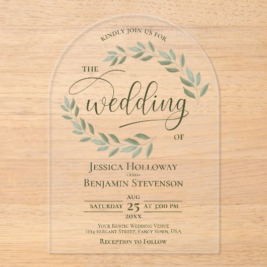 Grün Blätter oder Weinberge Stilvolle Script-Hochz Acryleinladungen (Vorderseite)