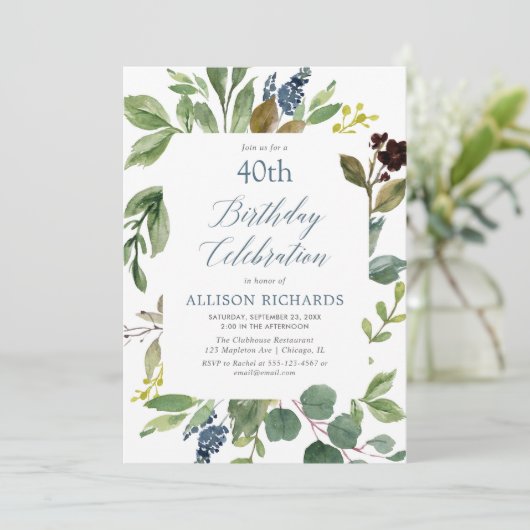 Grün Blätter staubblauer Blumengeburtstag Einladung (Stehend Vorderseite)