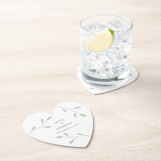 Grün blättrige Dusty-Namen Datum Hochzeitsherz Untersetzer (Vor Ort)