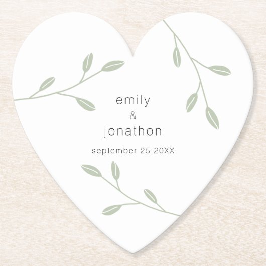 Grün blättrige Dusty-Namen Datum Hochzeitsherz Untersetzer (Vorderseite)