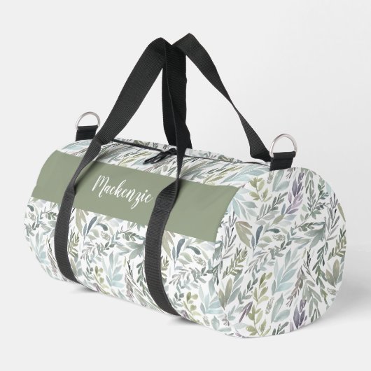 Grün Blau Botanisches Wasserfarben-Monogramm Name Duffle Bag (Linke Seite)
