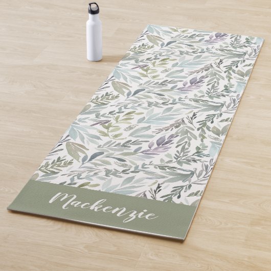 Grün Blau Botanisches Wasserfarben-Monogramm Name Yogamatte (Beispiel)