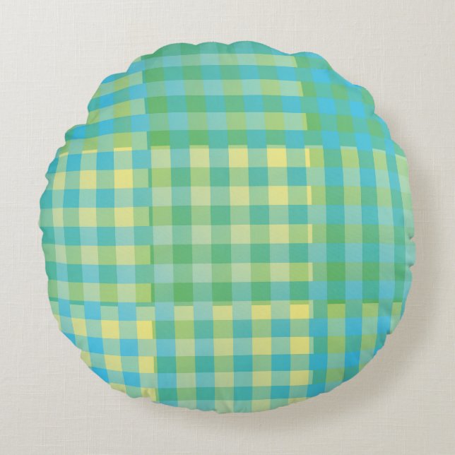 Grün Blau Gelb Karo Patchwork Muster Rundes Kissen (Vorderseite)