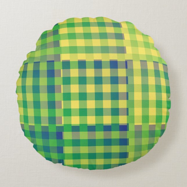 Grün Blau Gelb Karo Patchwork Muster Rundes Kissen (Vorderseite)