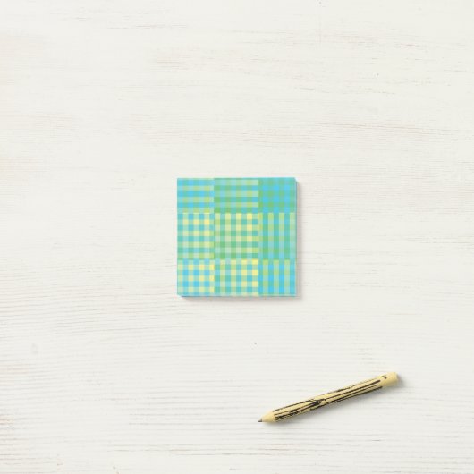 Grün Blau Gelb Karo Patchworkmuster Post-it Klebezettel (Auf Schreibtisch)