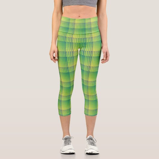 Grün-blau kariertes abstraktes Muster Capri Leggings (Vorderseite)