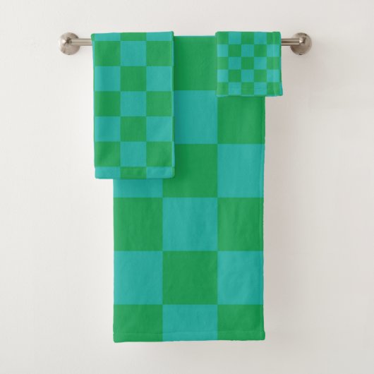 Grün Blau Kariertes Gingham-Muster Badhandtuch Set (Insitu)