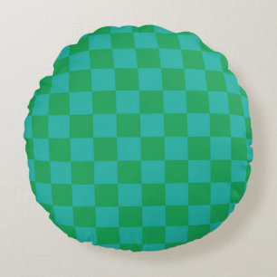 Grün Blau Kariertes Gingham-Muster Rundes Kissen