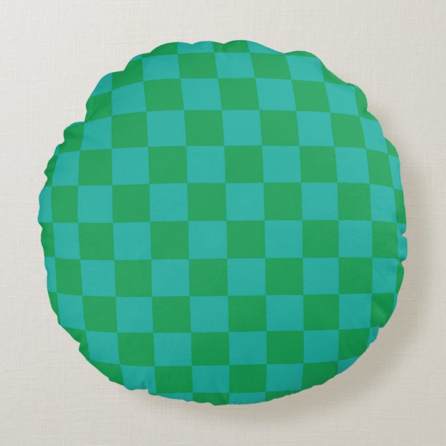 Grün Blau Kariertes Gingham-Muster Rundes Kissen (Vorderseite)