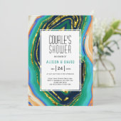 Grün, blau, pfirsichfarben, goldfarbene Folienpaar Einladung (Stehend Vorderseite)