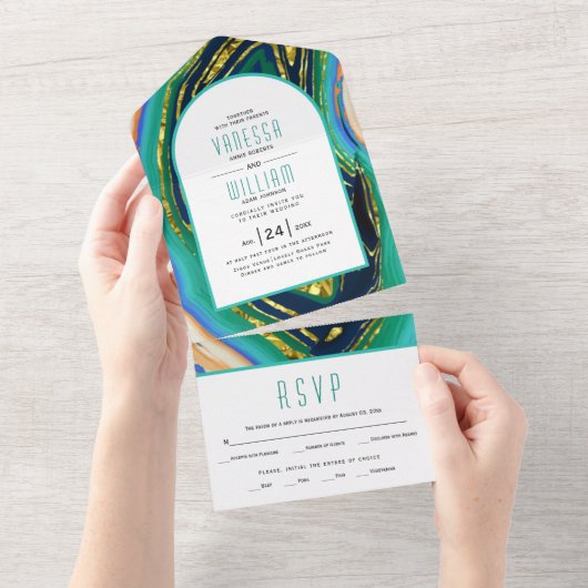 Grün, blau, pfirsichfarben, Goldfolie geode Hochze All In One Einladung (Abreißen)