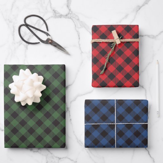 Grün Blau Rot Büffel Kariert Karo Geschenkpapier Set (Vorderseite)