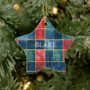 Grün Blau Rot Gold Kariert Streifen Weihnachten Keramik Ornament