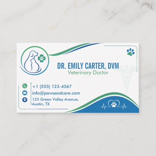 Grün & Blau Tierklinik-Design, anpassbare DVM Visitenkarte (Vorderseite)