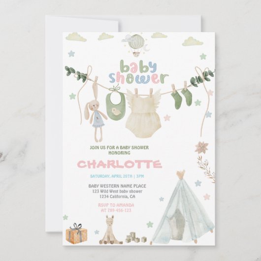 Grün , blau und rosa Wasserfarben Kinderdusche Einladung (Vorderseite)