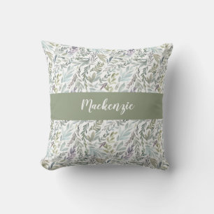 Grün-blaue botanische Wasserfarbe Monogramm Name Kissen