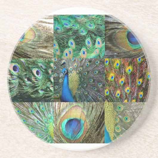 Grün-blaue Pfau-Fotocollage Sandstein Untersetzer (Vorne)