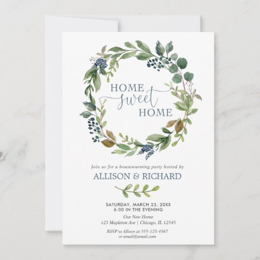 Grün-blauer BlumenKranz rustikaler Housewarming Einladung (Vorderseite)