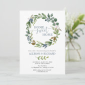 Grün-blauer BlumenKranz rustikaler Housewarming Einladung (Stehend Vorderseite)