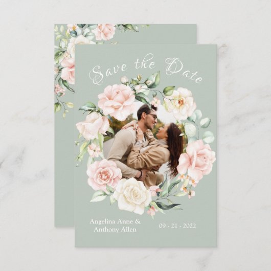 Grün blaues Wasserfarben Foto Blumenzehen Save The Date (Vorne/Hinten)