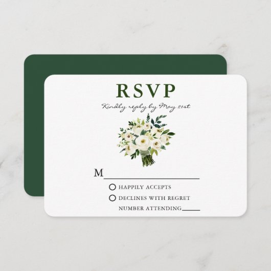 Grün blühende Wasserfarben Bouquet Grüne RSVP Karte (Vorne/Hinten)