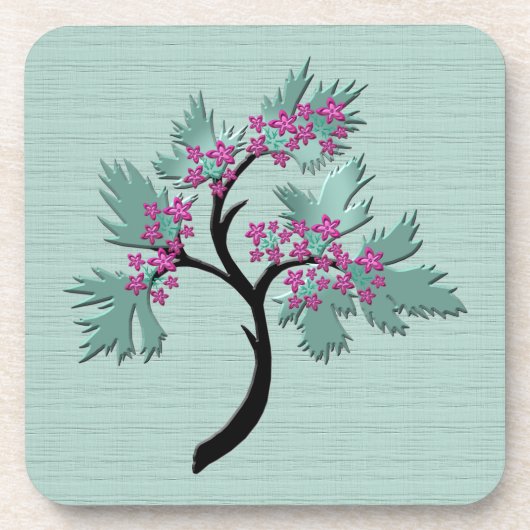 Grün blühender Baum + Set von 6 Pflaumen Getränkeuntersetzer (Vorderseite)