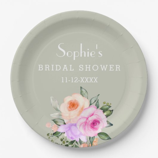 Grün blühendes Rosenrot Brautparty Pappteller (Vorderseite)
