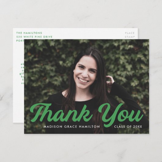 Grün | Bold Script Foto Abschluss Vielen Dank Postkarte (Vorne/Hinten)