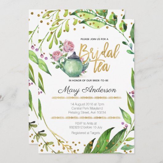 Grün-botanische Brauttee-Party Einladung (Vorne/Hinten)