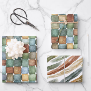 Grün Braun Blau Gelbe Quadrate Streifen Geburtstag Geschenkpapier Set