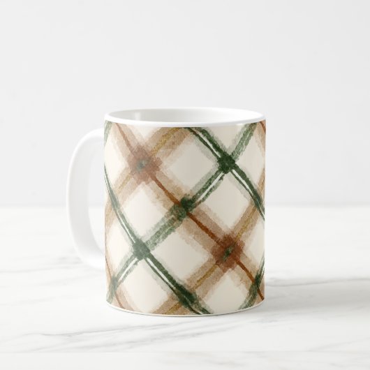 Grün Braun Creme Kariert Gestreift Kaffeetasse (Vorderseite Links)
