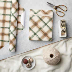 Grün Braun Creme Karierter Streifen Geburtstag Geschenkpapier