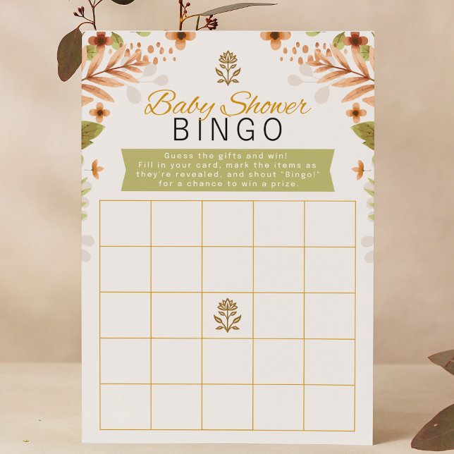 Grün & Braun Wasserfarben Blütenspülung Bingo (Baby shower bingo game woodland fall foster adoptive shower game green brown leaves floral botanical)