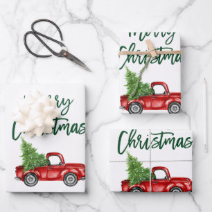 Grün Brush Weihnachtsschrift Roter Truck Geschenkpapier Set