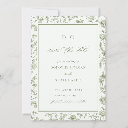 Grün Chinoiserie Save the Date Karte anzeigen (Vorderseite)