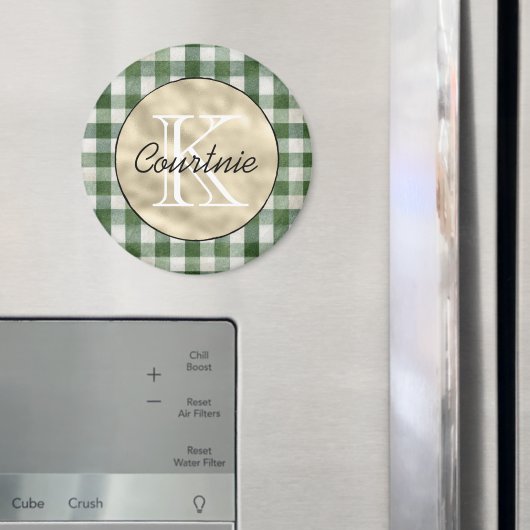 Grün creme kariert gestreift goldenes Monogramm Magnet (In Situ (Kühlschrank))