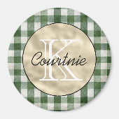 Grün creme kariert gestreift goldenes Monogramm Magnet (Vorne)