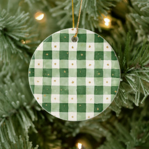 Grün creme kariert goldene Sterne Weihnachten Keramik Ornament