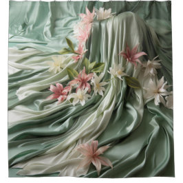 Grün, Creme, Seidenraupen und farbige Blume Duschvorhang