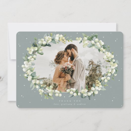 Grün/Creme Snowberry+Eukalyptus Wedding Foto Dankeskarte (Vorderseite)