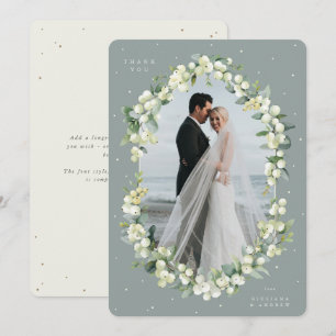 Grün/Creme Snowberry+Eukalyptus Wedding Foto Dankeskarte
