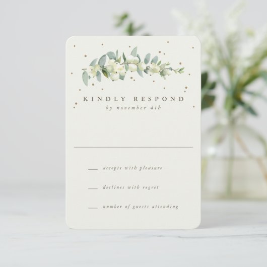 Grün/Creme Snowberry+Eukalyptus Wedding RSVP Karte (Stehend Vorderseite)