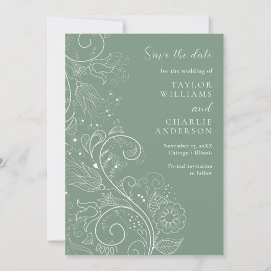 Grün-elegante Blumenhochzeit speichern das Datum Save The Date (Vorderseite)