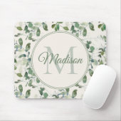 Grün Eukalyptus-Blätter Creme Monogram Name Mousepad (Mit Mouse)