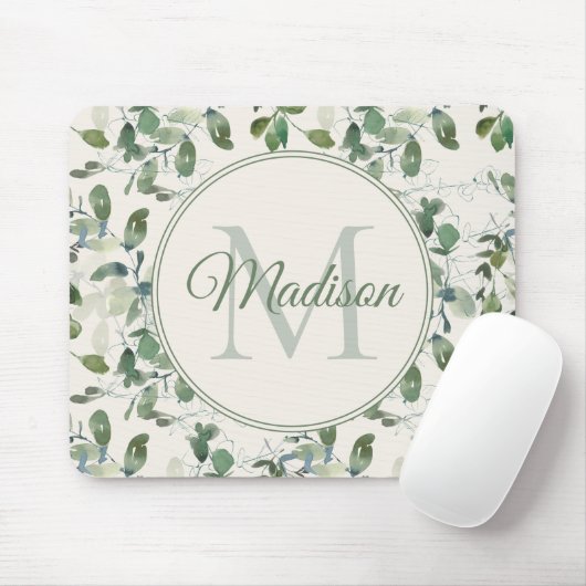Grün Eukalyptus-Blätter Creme Monogram Name Mousepad (Mit Mouse)