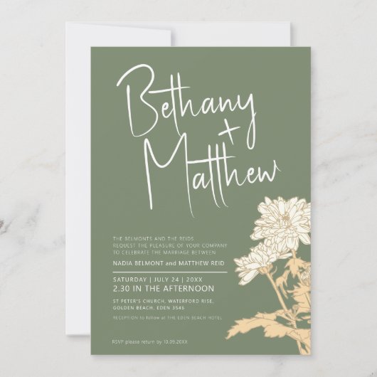 Grün Fall Blume Kalligraphie Skript Hochzeit Einladung (Vorderseite)