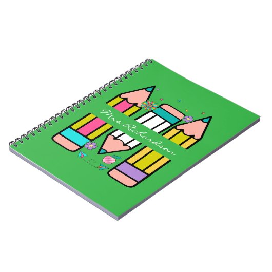 Grün farbiger Lehrer Name Bleistift-Cartoon Notizblock (Linke Seite)