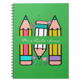 Grün farbiger Lehrer Name Bleistift-Cartoon Notizblock (Vorderseite)