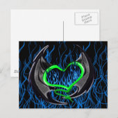 Grün flammendes Herz mit Bat Wings Postkarte (Vorne/Hinten)